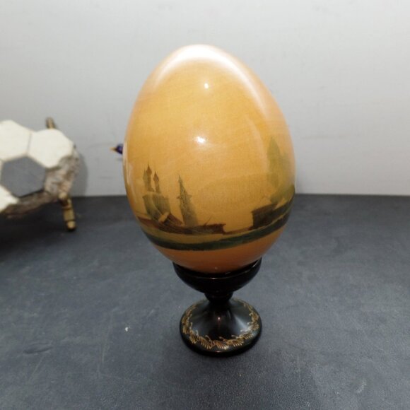 Vintage Russian Hand Painted Wooden Egg w/ Stand - Picture 5 of 13